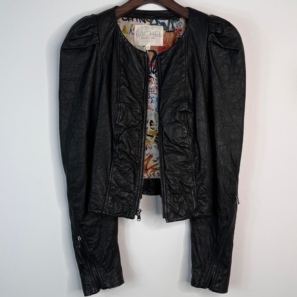 RACHEL by Rachel Roy,Size:M, Cropped Leather Jacket, Crinkled